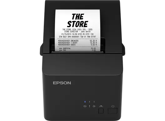Imprimante de reçus Epson avec un ticket de caisse sortant, affichant des informations de vente.