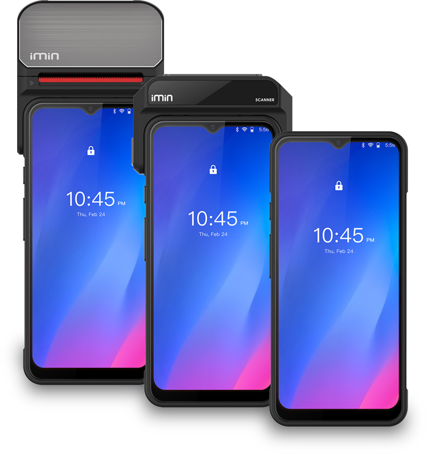 Trois appareils mobiles iMin avec des écrans verrouillés affichant l'heure, conçus pour des solutions de paiement et de scanner.