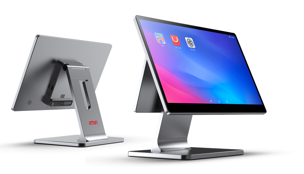 A sleek, modern touchscreen monitor mounted on a stand, showing a colorful interface with various app icons.